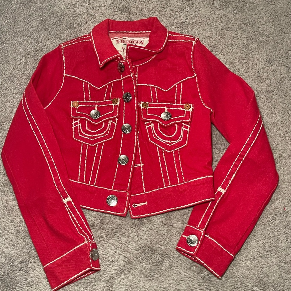 NWT TRUE RELIGION WOMANS XS JIMMY SUPER T CROP JACKET IN RED